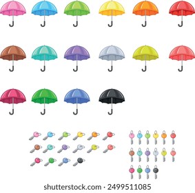 The picture shows 15 colorful umbrellas arranged in three rows of five. Below them are several sets of keys in various colors matching the umbrellas.