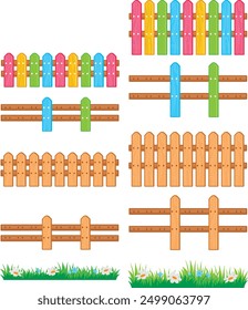 The picture shows 8 different types of fences. The fences are made of wood and are in various colors like green, pink, yellow and blue. Some fences have grass and flowers below them.