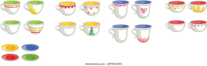 The picture shows 8 teacups and 4 saucers. Each teacup has a unique design, including bananas, stars, hearts, flowers, stripes, and a Christmas tree. The saucers are yellow, blue, red, and green.