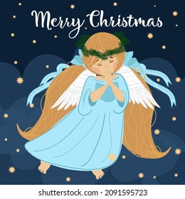 The picture shows an angel girl with long hair who prays in heaven. It can be used as a Christmas card.