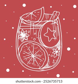 The picture shows apple cider with cinnamon and anise poured into a glass. This Christmas drink will be suitable for design, advertising, banners, stories, posts, booklets. 