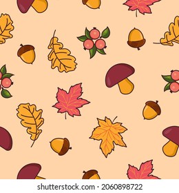 The picture shows a beautiful autumn pattern which consists of mushrooms, oak leaves, berries, maple leaves. The background is beige.