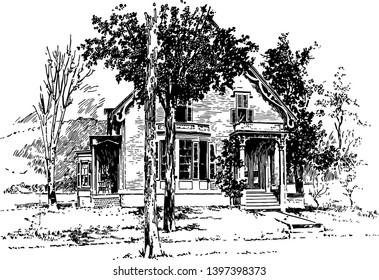 The picture shows the birthplace of Admiral Dewey. The house has many trees in the front yard out of these trees many are leafless vintage line drawing or engraving illustration.