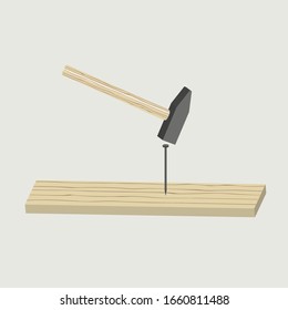 The picture shows boards, a nail, and a hammer. Picture for logo, advertising booklet. Subject: carpentry, sale of tools, sale of edged boards, lumber, repairs, making fences.