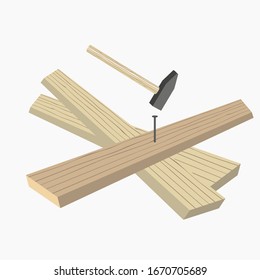 The picture shows boards, a nail, and a hammer. Picture for logo, advertising booklet. Subject: carpentry, sale of tools, sale of edged boards, lumber, repairs, making fences.