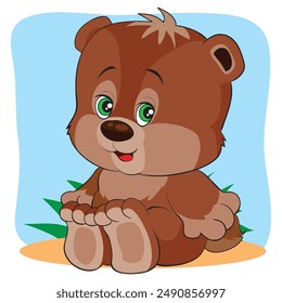 The picture shows a cartoon brown bear sitting on the ground. The bear has large green eyes and is drawn in a simplistic, childlike style. T