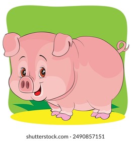 The picture shows a cartoon pink pig on a green and yellow background. A pig with large eyes and a smiling mouth is shown in profile, with its tail visible from behind.