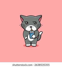 The picture shows a cat drinking a glass of juice while putting its other hand in its pocket. Showing a bored expression