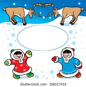 The picture shows children dressed in ethnic attire.They are having fun on the white snow.Near them are reindeer.Illustration done in cartoon style, on separate layers.
