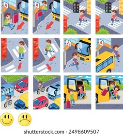 La imagen muestra a niños en diversas situaciones relacionadas con la seguridad vial. Ilustra escenarios como cruzar la calle en un cruce peatonal, mirar en ambos sentidos antes de cruzar y esperar el autobús