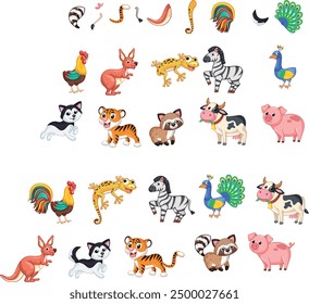 The picture shows a collection of cartoon animals and their tails. Animals include a rooster, kangaroo, gecko, zebra, peacock, cat, tiger, raccoon, cow and a pig. It looks like a matching game