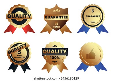 The picture shows a collection of glossy emblems and signs that symbolize the highest quality and premium products. Each sign has a golden hue and a solid gold tin finish, emphasizing their luxury.