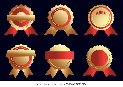 The picture shows a collection of glossy emblems and signs that symbolize the highest quality and premium products. Each sign has a golden hue and a solid gold tin finish, emphasizing their luxury.