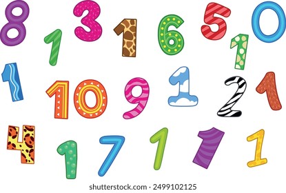 The picture shows colorful numbers from 0 to 10 with various patterns including stripes, dots, and animal prints. Some numbers are repeated multiple times in different styles and sizes.