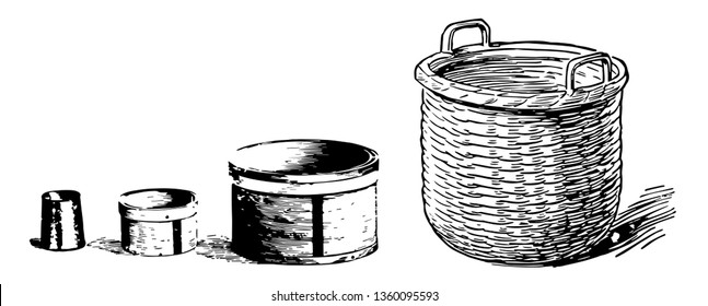 Bild zeigt den Vergleich der Größe eines Pint, Quart, Peck und Buschel, Vintage-Linie Zeichnung oder Gravitation Illustration.