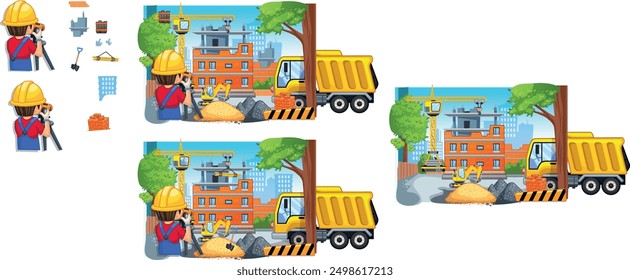 The picture shows a construction worker and a dump truck at a construction site. The worker is holding a blueprint, and the truck is carrying a load of dirt. There are also some buildings under constr