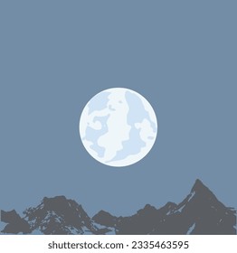The picture shows a dark sky, silhouettes of mountains. And above them is a round light circle with darker spots.
