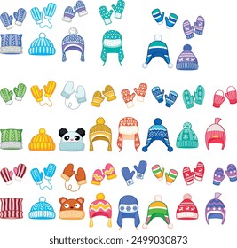 The picture shows different colors and designs of winter mittens and hats. Some of them have animal faces on them. There are 42 items in total: 24 mittens and 18 hats.