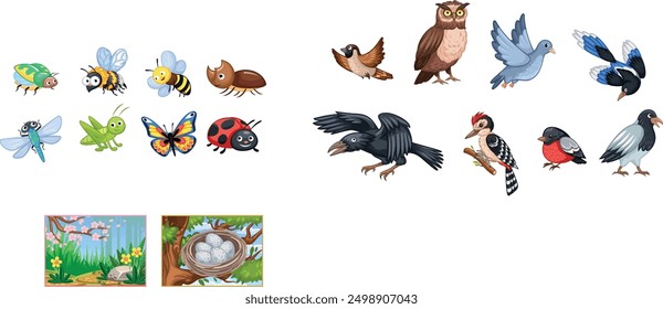 The picture shows different kinds of insects and birds in a cartoon style. There are butterflies, bees, ladybugs, owls, sparrows, pigeons, woodpeckers and blackbirds. There are also two smaller pic