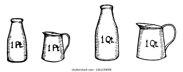 La imagen muestra los diferentes tipos de contenedores que pueden medir 1 pinta y un cuarzo, dibujo de línea vintage o ilustración de grabado.