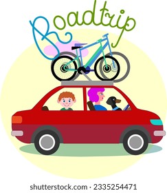 The picture shows a family that rides in a car - mother and son, as well as their dachshund dog. There are two bicycles on the roof of the car.