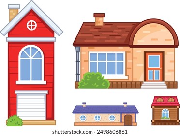 The picture shows five different houses. The first house is a tall red house with a garage door and a large window. The second house is a brown brick house with a chimney and a bush in front.