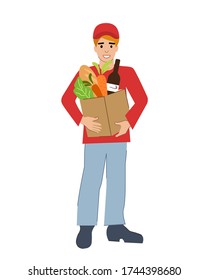 The picture shows a food delivery man in a red uniform and a cap. he smiles and holds a box of food. EPS 10