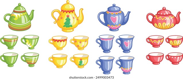 The picture shows four tea sets each with 3 cups and one teapot. Each set has a matching pattern and color on both cups and teapot. Colors are green, yellow, blue and red. 