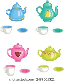 The picture shows four tea sets. Each set includes a teapot and a cup on a saucer. The teapots are blue, green, pink, and yellow. The saucers are the same color as their teapot. 