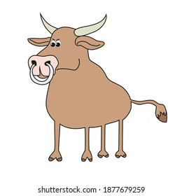 The picture shows a funny bull with a large nose ring.