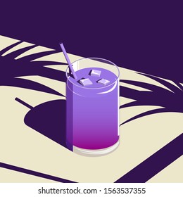 The picture shows a glass drink purple on a beige background.