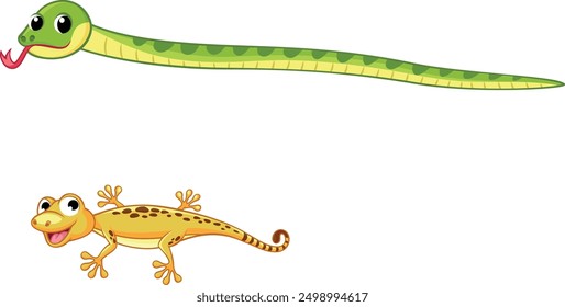 The picture shows a green snake with its tongue sticking out and a yellow lizard with brown spots. Both animals are smiling and have big eyes. The snake is located above the lizard.