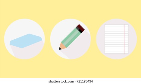 The picture shows icons of a book, a pencil, a page from a notebook.Three subjects in the picture, stationery. A pencil, a book, a sheet from a notebook.