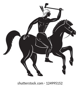 The picture shows an Indian with ax