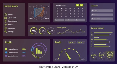 Die Abbildung zeigt die Benutzeroberfläche einer Web-Anwendung oder -Site, bestehend aus Navigations-Elementen, Buttonen und verschiedenen Komponenten. Design umfasst Menü, Suchformular, Symbole und Vektorgrafik-Grafiken.