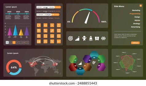 The picture shows the interface of a web application or site, consisting of navigation elements, buttons and various components. Design includes menu, search form, icons and vector graphics.