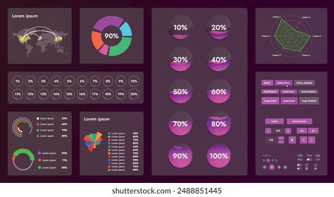 The picture shows the interface of a web application or site, consisting of navigation elements, buttons and various components. Design includes menu, search form, icons and vector graphics.