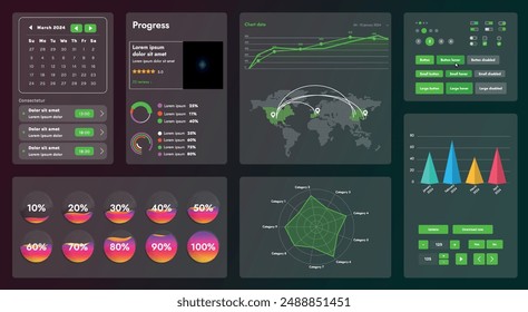 The picture shows the interface of a web application or site, consisting of navigation elements, buttons and various components. Design includes menu, search form, icons and vector graphics.