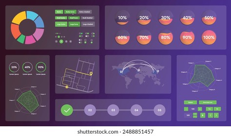 The picture shows the interface of a web application or site, consisting of navigation elements, buttons and various components. Design includes menu, search form, icons and vector graphics.