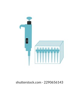 The picture shows laboratory equipment : Autopipette and pipette tips for science research, medical testing or diagnosis.