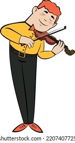 The Picture Shows A Man Playing The Violin. He Is Dressed In A Bright Yellow Shirt And Gray Trousers, Belted With A Belt. He Has Red Hair. He Holds A Bow And A Violin In His Hands. His  Eyes Are Close