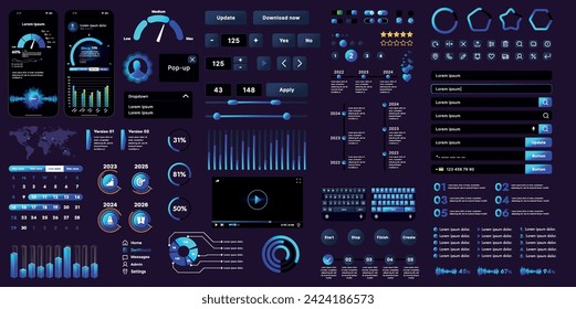 The picture shows a modern interface for a website or mobile application. Design elements include buttons, icons, components and infographic elements.