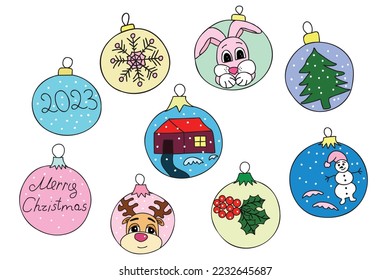 The picture shows New Year's illustrated toys with different colors and pictures, it is intended for New Year's, holidays, cards, printing, Christmas tree decoration and you can use it in different ca