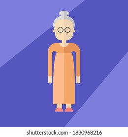 The picture shows an old woman with glasses on a purple background.