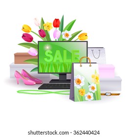The picture shows online shopping, spring sale. The illustration shows the boxes, goods, shopping bags.