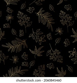 The picture shows a plant pattern of twigs of berries and leaves on a black background.