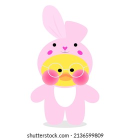 The picture shows the popular soft toy yellow lalafanfan duck wearing a pink kigurumi bunny and round glasses on a white background.