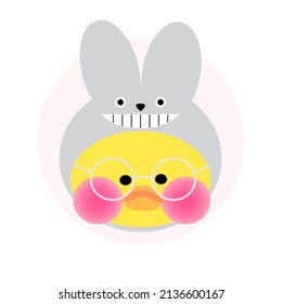 The picture shows the popular soft toy yellow lalafanfan duck wearing a grey kigurumi bunny and round glasses on a white background