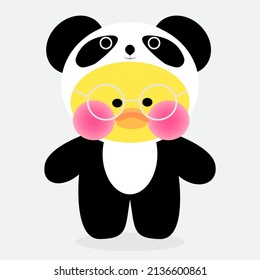 The picture shows a popular soft toy yellow lalafanfan duck wearing  kigurumi panda and round glasses