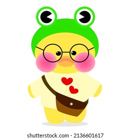 The picture shows Popular soft toy LALAFANFAN duck with round glasses and frog costume